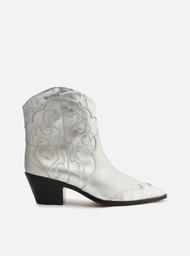 Bota Prateada Couro Cano Curto Bordado Western