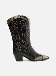 Bota Preta Couro Cano Médio Bordado Western