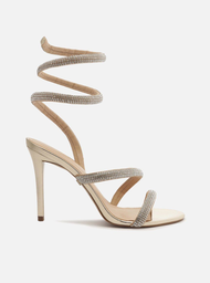 Sandália Dourada Salto Fino Espiral Strass Aria
